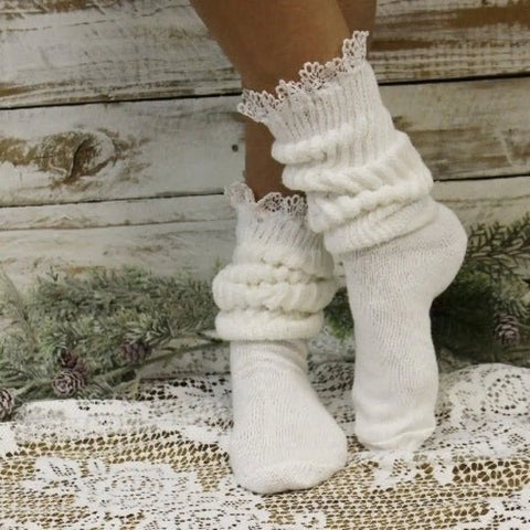 White Cotton Lace Trimmed Slouch Socks – Soft Cozy Knit | Made in USA Catherine Cole  socks