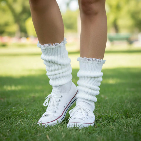 White Cotton Lace Trimmed Slouch Socks – Soft Cozy Knit | Made in USA Catherine Cole  socks