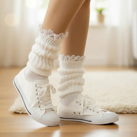 White Cotton Lace Trimmed Slouch Socks – Soft Cozy Knit | Made in USA Catherine Cole  socks