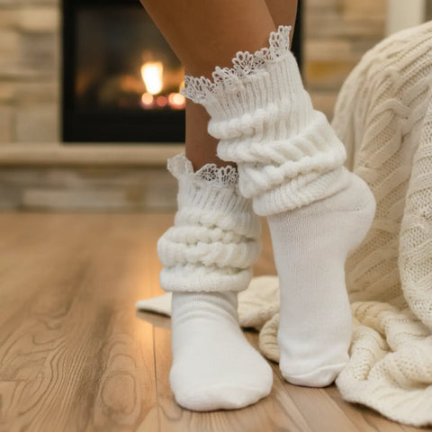 White Cotton Lace Trimmed Slouch Socks – Soft Cozy Knit | Made in USA Catherine Cole  socks