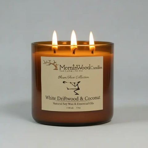 White Driftwood Coconut 3-Wick Soy Candle 17 Oz – Handcrafted Glass Jar | Made in USA Home Fragrance MorninWood Candles  3 Wick Candle