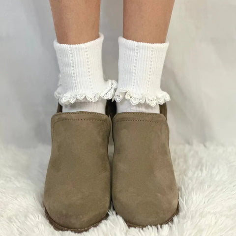 A close-up of two feet wearing Catherine Cole HEART Lace Cuff Socks in white, featuring a heart lace pattern, standing on a fluffy white carpet.