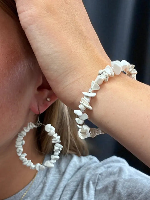 White Howlite Gemstone Wrap Bracelet And Large Hoop Earrings Set – Handmade Jewelry | Made In USA Michelle Marie Boutique  Jewelry Set