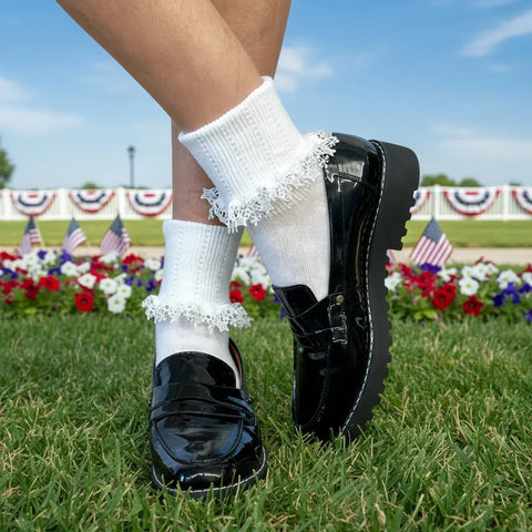 White Lace Cuff Ankle Socks 90% Cotton Blend With Star Pattern Venice Lace Trim – Made in USA Catherine Cole  socks