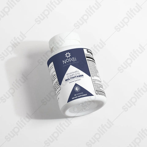 A white bottle of Norri Nutrition WholeHealth+ Complete Multivitamin with a blue and white label lies on its side on a white surface. This immune-boosting formula features essential vitamins. A faint repeating supliful watermark appears in the background.