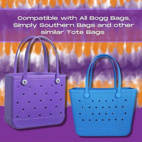 Two tote bags are displayed on a tie-dye background. Above, text reads: FRESHe BOGLETS - Wifey Charm decorative accessory (pink and white) by Chatelet Manufacturing. Compatible with Bogg Bags, Simply Southern, and other tote bags.