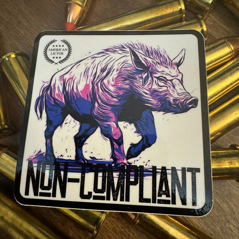 The Sticker: Boar - Non-Compliant from American Lictor features an illustrated wild boar with blue and purple accents atop brass and copper bullets, symbolizing the persistent challenge of spreading pests.
