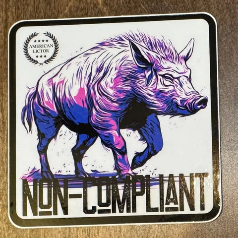 The Sticker: Boar - Non-Compliant by American Lictor features a wild boar with purple and blue accents above bold metallic text, plus a laurel emblem with the brands name, evoking pest control and helicopter hunting themes.