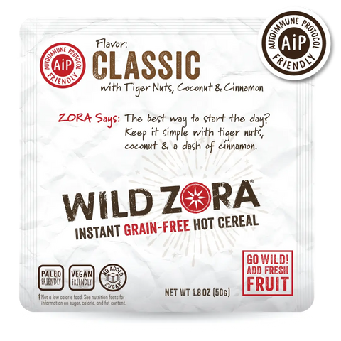 Wild Zora Instant Cereal - AIP Classic With Tiger Nuts, Coconut & Cinnamon 5-Pack is a grain-free, vegan and paleo hot cereal suitable for the autoimmune protocol diet. Each pack contains 1.8 oz (50g).