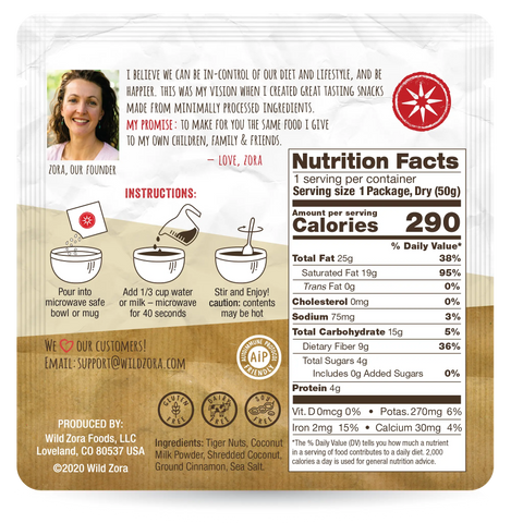 A beige and red Wild Zora package shows a smiling woman, compass logo, nutrition facts, cooking instructions, ingredients, and contact info. It features Instant Cereal - AIP Classic With Tiger Nuts, Coconut & Cinnamon 5-Pack.