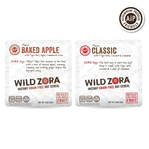 Wild Zora Instant Cereal - AIP Multi-Pack Classic & Baked Apple 10-Pack features grain-free, superfood-packed snacks with go wild messaging and fruit on the packaging, perfect for AIP diets.