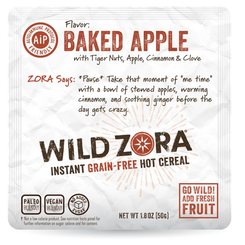 A 10-pack of Wild Zora Instant Cereal - AIP Multi-Pack Classic & Baked Apple. This Paleo and Vegan cereal features apple, cinnamon, clove, no added sugar, and can be topped with fresh fruit.