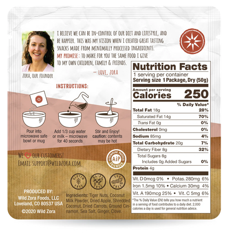 A Wild Zora Instant Cereal - AIP Multi-Pack Classic & Baked Apple 10-Pack label features nutrition facts, illustrated prep steps, a founder’s note, contact info, and branding on a brown and white background.