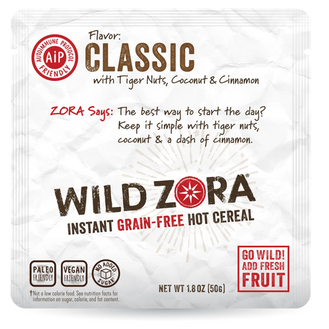 Wild Zora Instant Cereal - AIP Multi-Pack Classic & Baked Apple 10-Pack features grain-free, paleo, vegan, AIP-friendly cereal with no added sugar. Classic flavor includes tiger nuts, coconut & cinnamon.