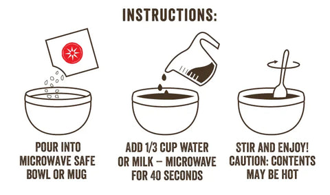 Three-step instructions: 1) Pour one packet of Wild Zora Instant Cereal - AIP Multi-Pack Classic & Baked Apple into a microwave-safe bowl, 2) Add 1/3 cup water or milk and microwave for 40 seconds, 3) Stir and enjoy; contents may be hot.