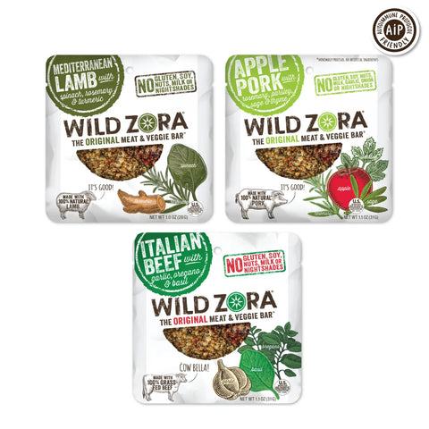 Wild Zora Bars - AIP 12-Pack With Lamb, Pork, and Beef features Mediterranean Lamb, Apple Pork, and Italian Beef bars. These AIP bars are gluten-free, soy-free, nut-free, and feature illustrations of meat, herbs, and veggies.