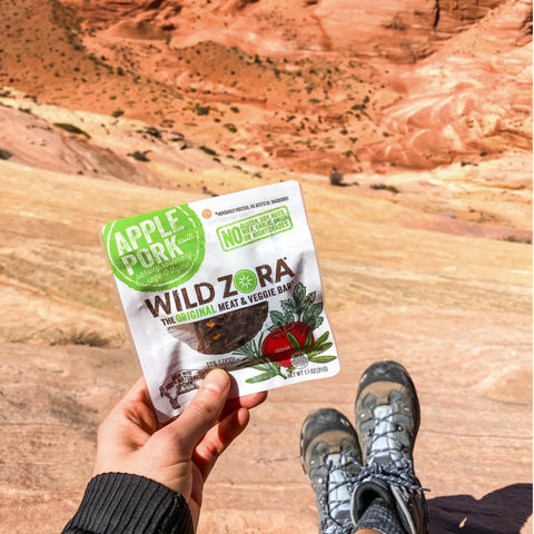 A hiker in boots sits on red rocks, holding a Wild Zora Bars - AIP 12-Pack With Lamb, Pork and Beef, as the desert landscape stretches into the sunlit distance.