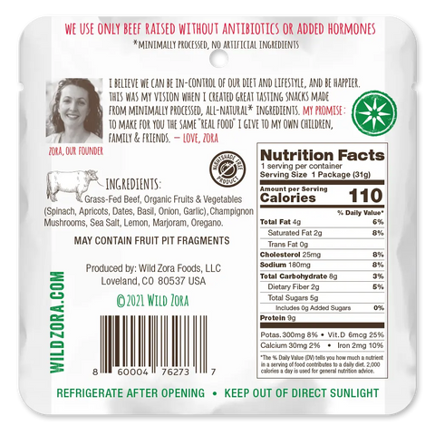 Back of Wild Zora’s Bars - AIP 12-Pack With Lamb, Pork and Beef shows nutrition facts, ingredients, barcode, company info, storage tips, founders note, website URL, logos, and a green-and-white design highlighting grass-fed meat and natural ingredients.