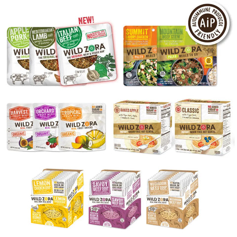 The Wild Zora AIP Assortment Multi-Pack includes freeze-dried meals, meat bars, and snacks with flavors such as Apple Pork, Summit Savory Chicken, and Lemon Chicken, all labeled as nightshade-free.