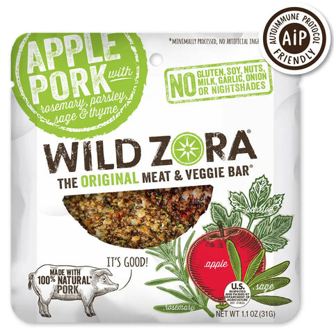Wild Zora Bars - Apple Pork With Kale, Parsley, Sage, Rosemary & Thyme 10-Pack: AIP compliant, grass-fed meat. No gluten, soy, nuts, milk, garlic, onion, or nightshades. Features images of herbs, apple & pork.