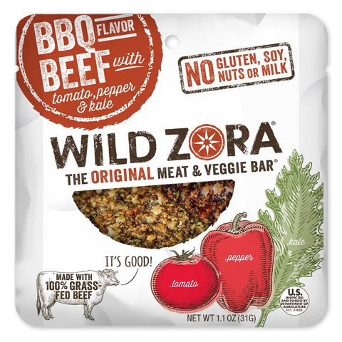 Wild Zora Bars - BBQ Beef With Kale, Tomato & Red Bell Pepper 10-Pack: 100% grass-fed beef, no gluten, soy, nuts, or milk. Delicious meat & veggie bars with tomato, pepper, and kale.