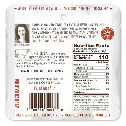 Back of a Wild Zora Bars - BBQ Beef With Kale, Tomato & Red Bell Pepper 10-Pack package showing ingredients, nutrition facts, a founders note, storage info, and highlights of meat & veggie bars with 100% grass-fed beef raised without antibiotics or hormones.