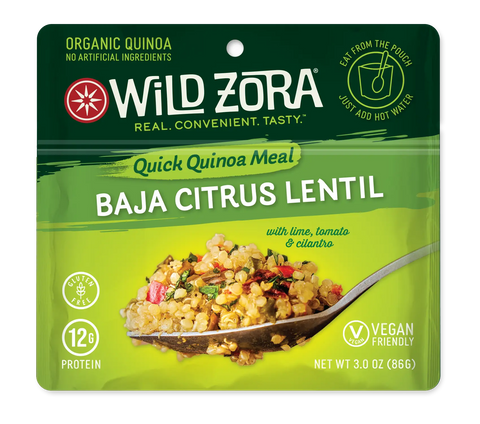The Wild Zora Quinoa Meals – Baja Citrus With Tomato, Lime & Cilantro pouch boasts organic quinoa, lentils, tomatoes, and herbs. This vegan, gluten-free meal has 12g protein and makes a quick Vegan Bowl.
