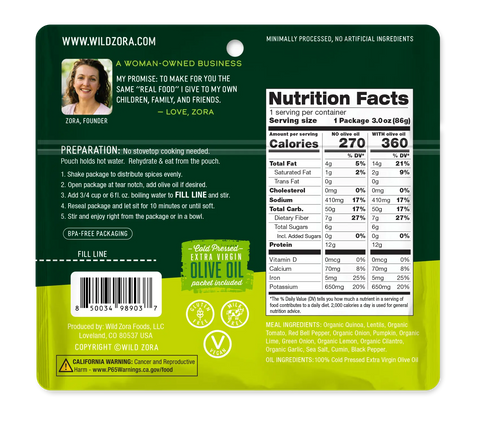 Back of a Wild Zora Quinoa Meals – Baja Citrus With Tomato, Lime & Cilantro package: nutrition facts, quick meal prep steps, founder’s message, certifications, olive oil graphic, website info on green background. Minimally processed with no artificial ingredients.