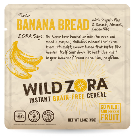 Front of a Wild Zora Instant Cereal - Banana Bread With Bananas, Almonds & Cacao 10-Pack packet, showing banana illustrations, product details, Paleo and gluten-free icons, plus a description of its organic flaxseed and grain-free benefits.