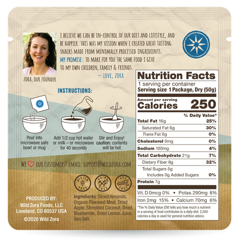 Back of a Wild Zora Instant Cereal - Blueberry Muffin With Blueberry, Almond & Coconut 10-Pack box displays preparation steps, nutrition facts, founder’s note, and ingredients. Just mix with water or milk and enjoy this no added sugar breakfast with organic flaxseed.