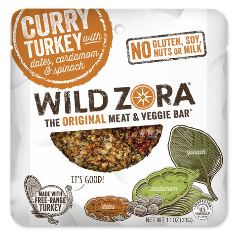 Wild Zora Bars - Curry Turkey With Spinach, Dates & Cardamom 10-Pack features tasty meat & veggie bars made with free-range turkey. Gluten-free, soy-free, nut-free, and milk-free, with spinach, dates, and cardamom.