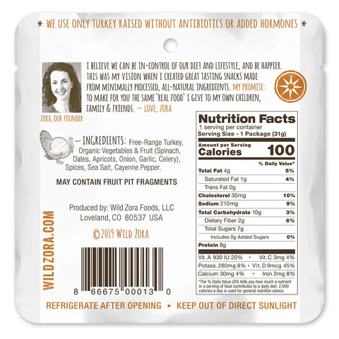 Back of a Wild Zora Bars - Curry Turkey With Spinach, Dates & Cardamom 10-Pack shows ingredients, nutrition facts, founders note, barcode, website, and storage. Made with free-range turkey—no antibiotics or added hormones.