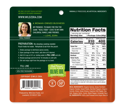 Back of a Wild Zora Quinoa Meals – Fiesta Beef With Tomato, Bell Peppers & Sweet Potato package with ingredients, nutrition facts, prep instructions, founder’s note, barcode, recycling info, and details on organic quinoa and extra virgin olive oil.