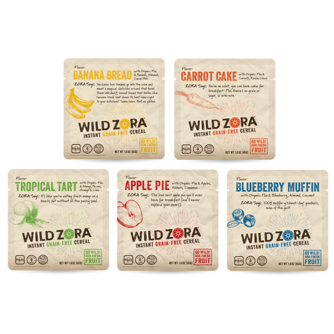 The Wild Zora Instant Cereal - Variety 5-Pack includes Banana Bread, Carrot Cake, Tropical Tart, Apple Pie, and Blueberry Muffin flavors with no added sugar, displayed in a 2-by-3 layout.
