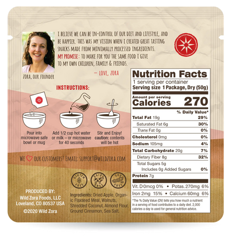 Back of Wild Zora Instant Cereal - Variety 5-Pack shows nutrition facts, grain-free prep instructions with illustrations, founder’s note, company info, and ingredients on a warm brown gradient with a circular compass graphic.