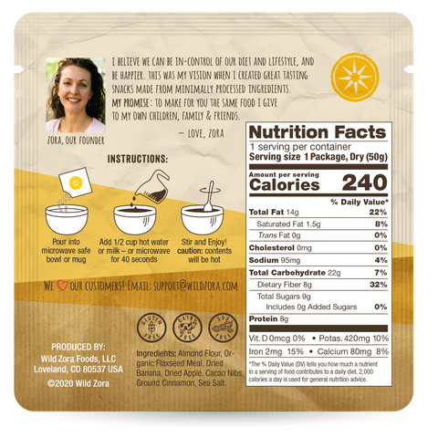 Back of Wild Zora Instant Cereal Variety 5-Pack shows a smiling woman, founder’s note, prep instructions, high fiber nutrition facts, ingredients list, contact info, and branding on a yellow and brown background.