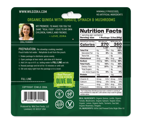 Back of a Wild Zora Quinoa Meals – Greek Garden Lentil package showing prep instructions, nutrition facts, and ingredients. The green pack features Mediterranean spices, highlights the Vegan Bowl, and displays an extra virgin olive oil label.