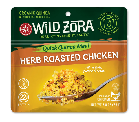Wild Zora Quinoa Meals – Herb Roasted Chicken With Spinach, Carrots & Herbs features organic quinoa, 22g protein, gluten-free ingredients, and free-range chicken. Net weight: 3.0 oz (86g).