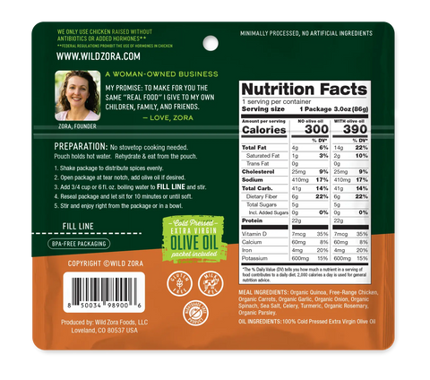 The back of the Wild Zora Quinoa Meals – Herb Roasted Chicken With Spinach, Carrots & Herbs package shows nutrition facts, quick prep steps, olive oil details, a founder’s note with her portrait, and features green, orange, and brown graphics with white and yellow text.