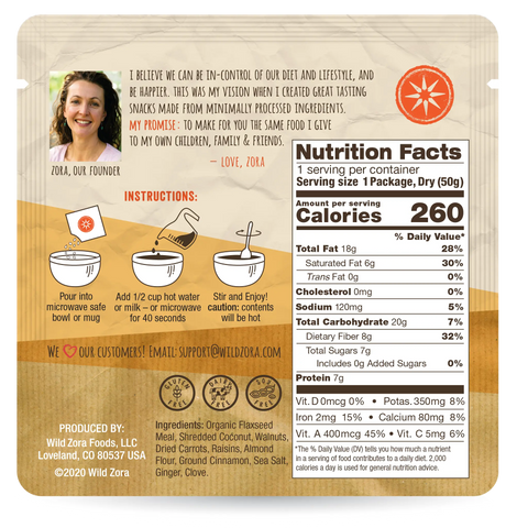 Back of a Wild Zora Instant Cereal - Carrot Cake With Carrots, Raisin & Clove 10-Pack shows nutrition facts, founder’s note, illustrated prep steps, ingredients like organic flaxseed, and contact info. Colors: beige, orange, and white.