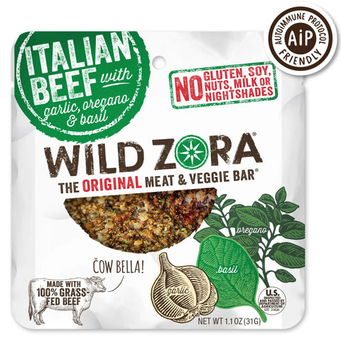A Wild Zora Bars - Italian Beef Bar With Garlic, Oregano & Basil 10-Pack features icons for each herb and highlights that its an AIP friendly protein bar, free of gluten, soy, nuts, milk, and nightshades.