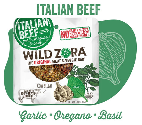 A Wild Zora Bars - Italian Beef Bar With Garlic, Oregano & Basil 10-Pack features “no gluten, soy, nuts, milk or nightshades,” plus images of garlic, oregano & basil on a green background—an AIP-friendly protein bar.