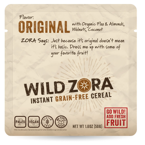 A beige pack of Wild Zora Instant Cereal – Original with Almonds, Walnuts & Coconut (10-Pack) features paleo, vegan, and gluten-free icons and suggests adding fresh fruit for a healthy breakfast.