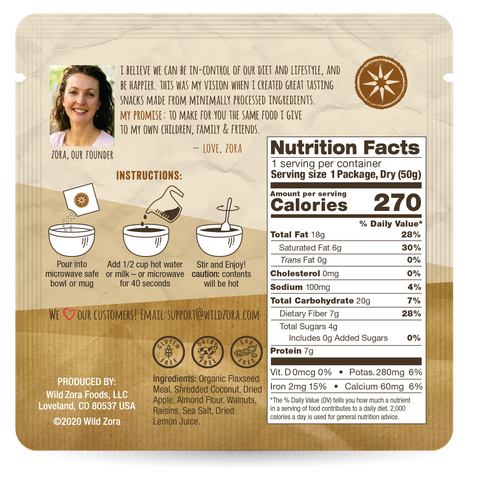 Back of Wild Zora Instant Cereal - Original With Almonds, Walnuts & Coconut 10-Pack features nutrition facts, prep steps with illustrations, ingredients, a founders note, company contacts, and brown/beige decorative design.
