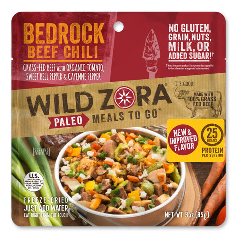 Wild Zora Meals to Go - Bedrock Beef Chili is a single-serve paleo meal with grass-fed beef, carrots, and veggies. It contains 25g protein per serving and has no gluten, dairy, or added sugar.