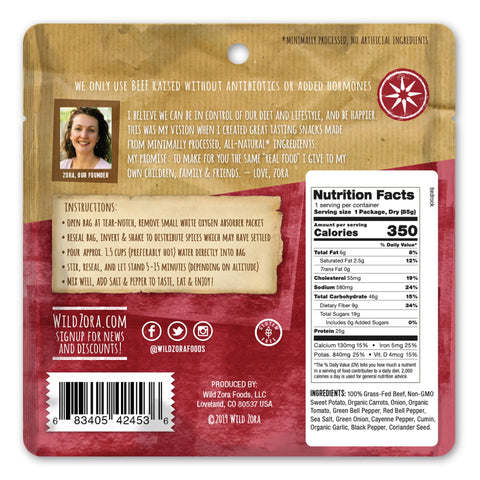 Back of a Wild Zora Meals to Go - Bedrock Beef Chili package with single-serve instructions, nutrition facts, founder’s photo and message, social media links, barcode, and company info on a brown rustic background—ideal for paleo meals anywhere.