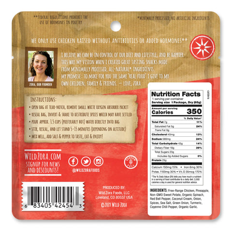 Back of a Wild Zora Meals to Go - Caldera Chicken Curry pack with cooking instructions, nutrition facts, free-range chicken ingredients, founder’s note, social media icons, website, barcode, USDA seal. Rustic wood background with yellow overlay.