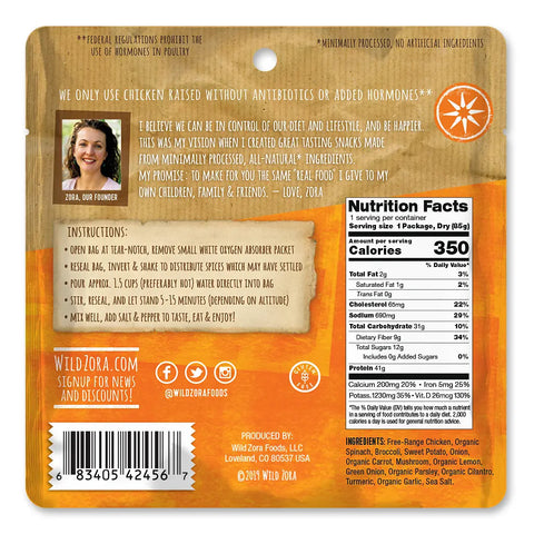 Back of a Wild Zora Meals to Go - All Flavors Variety 7-Pack package with directions, founders story and photo, nutrition facts, grass-fed beef or free-range chicken ingredients, and social media info on orange with white/yellow text.