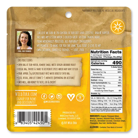 The back of a Wild Zora Meals to Go - All Flavors Variety 7-Pack package features a founder photo, instructions, grass-fed beef or free-range chicken ingredients, nutrition facts, social media info, and a barcode on a yellow patterned background.