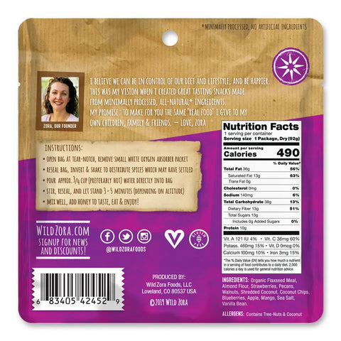 Back of a Wild Zora Meals to Go - All Flavors Variety 7-Pack package features product info, nutrition facts, founder photo and story, instructions, and social media. Highlights all-natural ingredients and grass-fed beef plus family values.